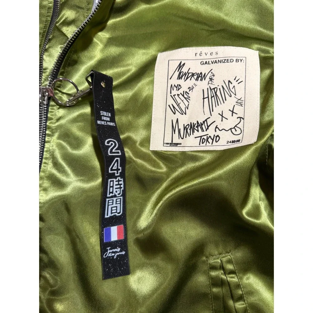 Reves Paris Olive Green Satin Ruched Bomber Jacket XL Streetwear Haring Murakami